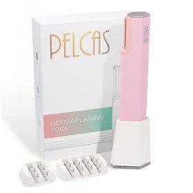 PELCAS 2 en 1 Outil de Dermaplaning à Ultrasons, Epilateur Visage Électrique avec 3 Vitesses et 6 Lames pour Exfolier et Élim