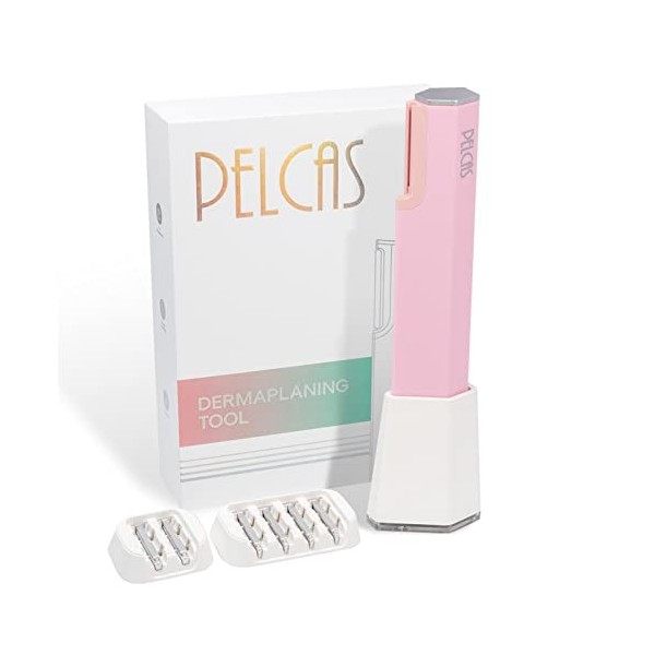 PELCAS 2 en 1 Outil de Dermaplaning à Ultrasons, Epilateur Visage Électrique avec 3 Vitesses et 6 Lames pour Exfolier et Élim