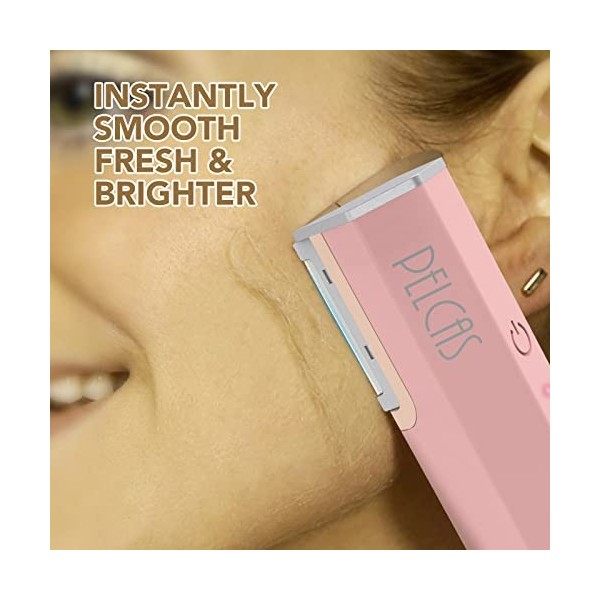 PELCAS 2 en 1 Outil de Dermaplaning à Ultrasons, Epilateur Visage Électrique avec 3 Vitesses et 6 Lames pour Exfolier et Élim
