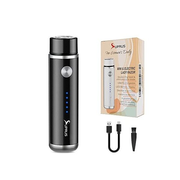 SUPRUS Rasoir électrique rechargeable par USB pour femme - Pour visage, barbe, moustache, bras, jambes, aisselles, bikini - É