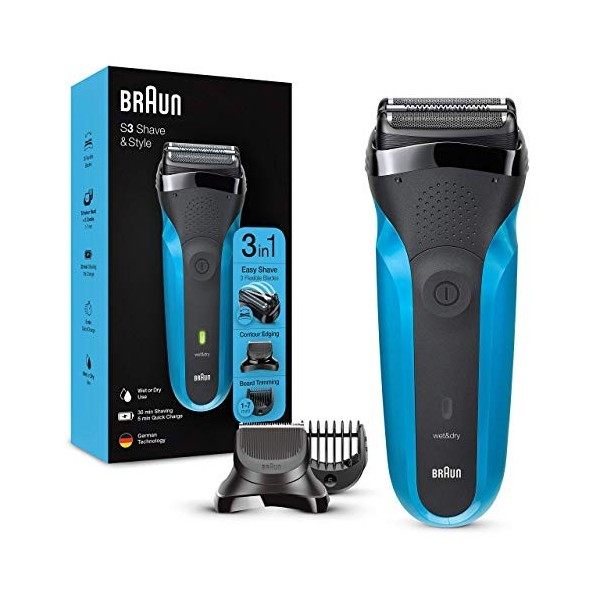 Braun Series 3 Shave & Style Rasoir Électrique Homme 3-En-1 Noir/Bleu, Équipé De La Technologie Wet & Dry Avec Tondeuse À Bar