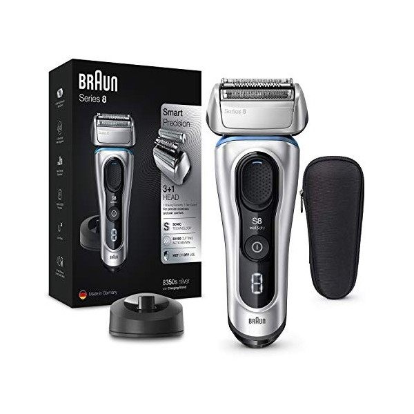 Braun Series 8 8350s Dernière Génération Rasoir Électrique Barbe Homme, Base de Recharge, Étui Tissu, Noir Argent, Idée Cadea