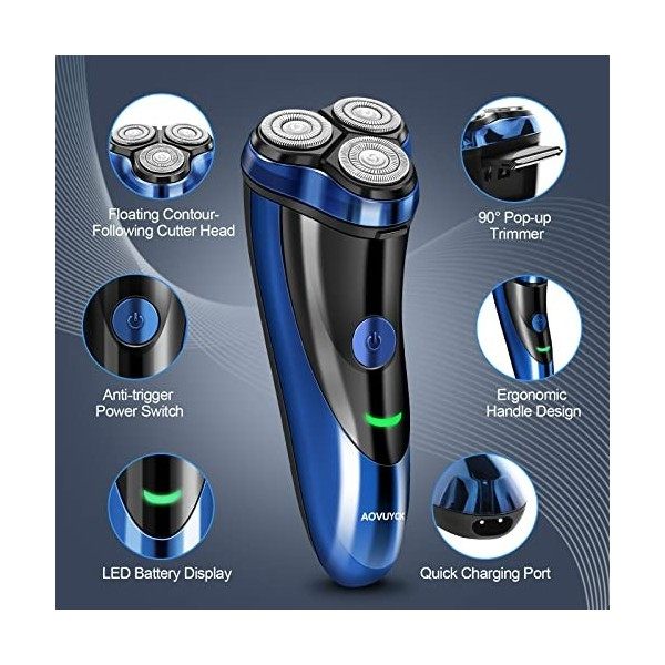 Rasoir Electriques Hommes, Rasoir Homme avec Tondeuse à Barbe, 3D Flottant, Affichage dénergie LED, USB Rasoir Rechargeable 