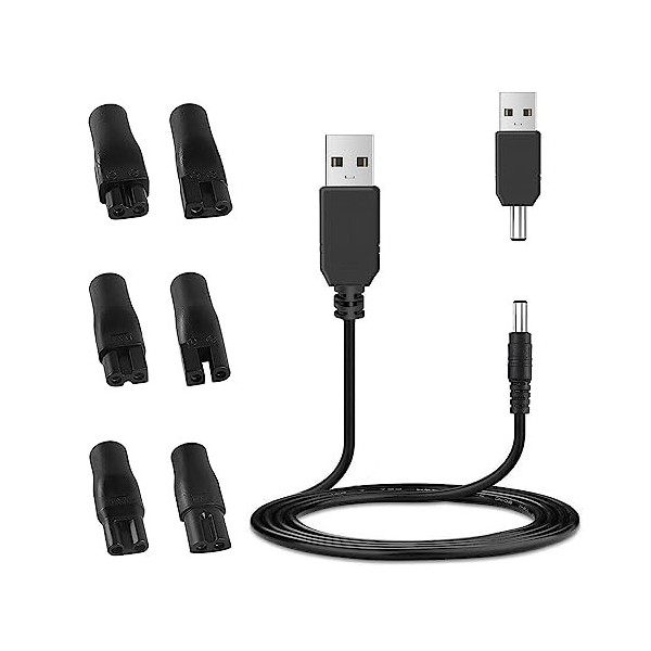 Mineup 7 Chargeur de rasoir 5 V pour Philips, USB 2.0 A type mâle vers DC 5,5 x 2,1 mm, Câble dalimentation CC vers USB pour