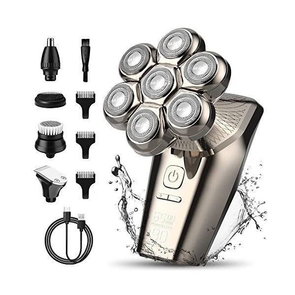 Rasoir Electriques Hommes Cheveux, 5 en 1 Rasoirs à Têtes Rotatives 6D Humide et Sèche IPX7 Étanche Rechargeable Multifonctio