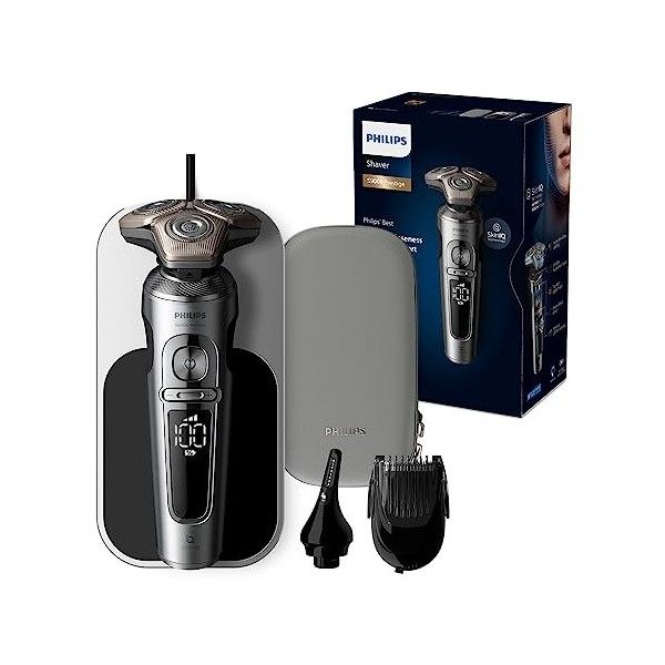 Philips S9000 Prestige Rasoir électrique Wet & Dry avec technologie SkinIQ, embout nez-oreilles, embout à barbe et plateau de