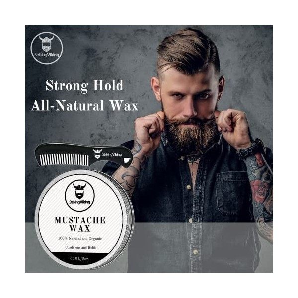 Kit de cire à moustache et peigne – Cire à barbe et à moustache pour homme avec cire dabeille naturelle forte tenue – Aide à