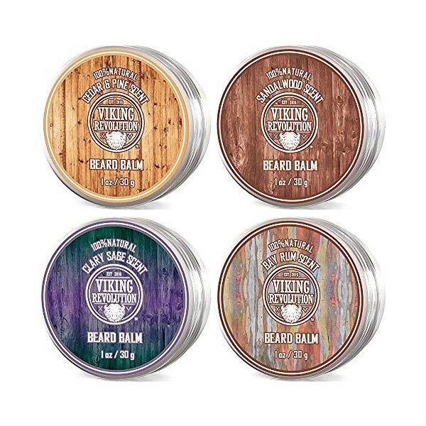 Viking Revolution Baume Barbe Homme Lot de 4 28 g Chaque - Sauge Sclarée, Bois de Santal, Bay Rum, Cèdre & Pin - Coiffe, Re