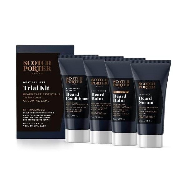 Scotch Porter Kit dessai de barbe 4 pièces | Comprend un aprèsshampooing, un baume revitalisant, un baume de maintien et un 