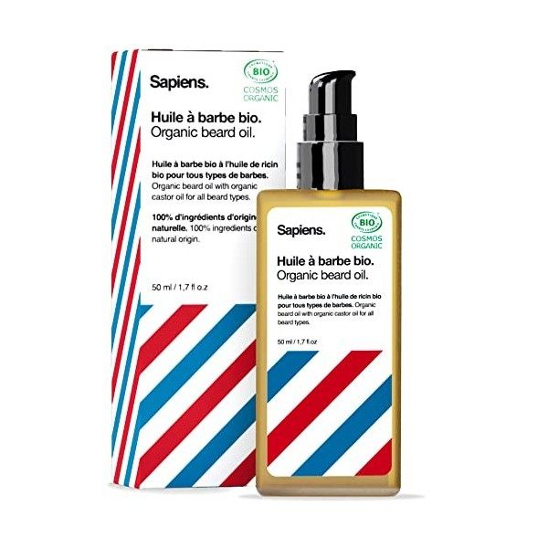 Sapiens Barbershop Huile Barbe Homme BIO 50ml - Fabriquée en France - Huile de Ricin Barbe Certifiée Cosmos Organic - Soin Ba...