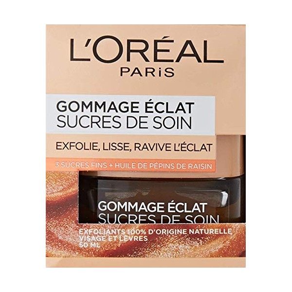 LOréal Paris - Soin Gommage Éclat pour Visage & Lèvres - Exfoliant & Lissant - Aux 3 Sucres Fins & Huile de Pépins de Raisin ...