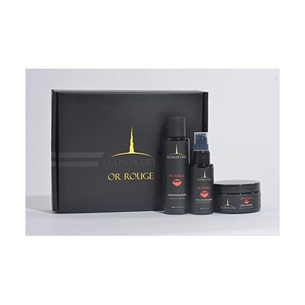 Maison OUD Coffret Complet Barbe Or Rouge, Parfum Collection Privée, Optez pour la Qualité Française, Huile Barbe, Kit Soins 