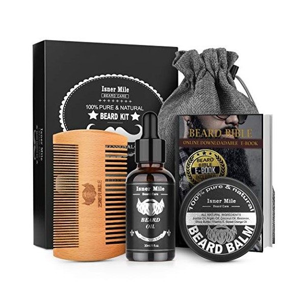 Kit Croissance Barbe avec Huile Barbe, Baume, Peigne, Sac Rangement, Meilleurs Cadeaux pour les Hommes lui Papa Père Petit Am