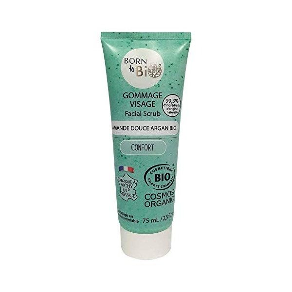 BORN TO BIO Gommage Visage Amande Douce Argan Bio Certifié Ecocert, Blanc, 75 ml Gommage / Exfoliants