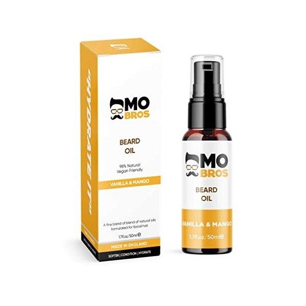 Mo Bros Huile Barbe | Vanille et Mangue 50ml | Huile à Barbe Homme Bio | Barbe Douce | Soin de Barbe | Cadeau pour Homme
