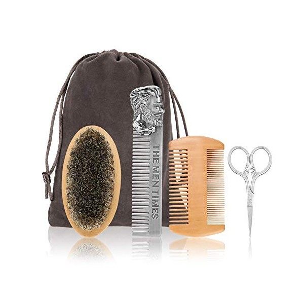 Kit Ciseaux et Brosse pour Barbe 4 PCS, Brosse de Barbe, Peigne en Acier Inoxydable, Ciseaux, Peigne Long, Professionnel Kit 