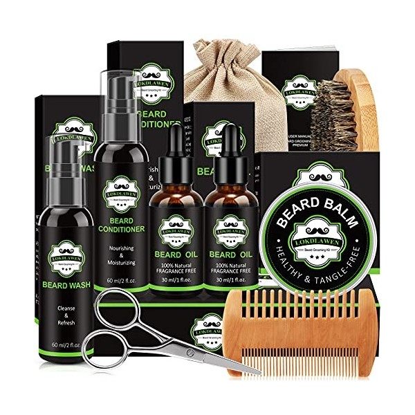 Kit de toilettage de barbe avec lavage de barbe, conditionneur de barbe, huile de barbe, baume à barbe, brosse à barbe, peign