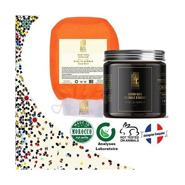 Gant de gommage corps kessa exfoliant + Savon noir à l’huile d’argan - OFFERT- Gant kessa marocain pour hammam sauna, élimine