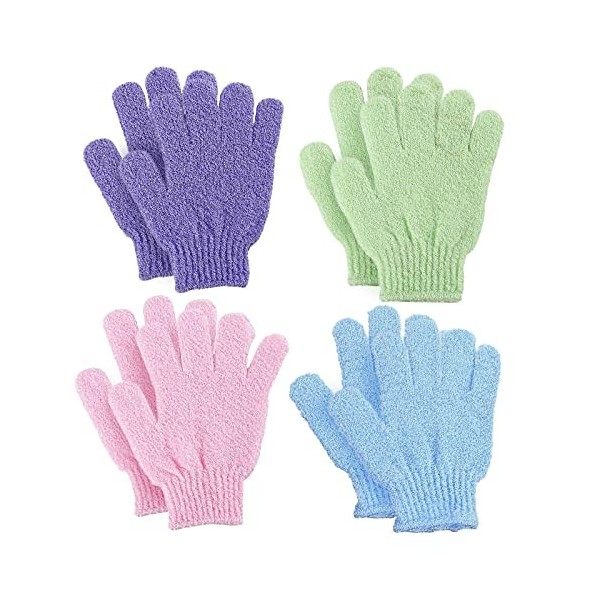 VEGCOO 4 Pairs Gants Exfoliants, Douche Bain Gants Double-face Gommage Corps Couleurs Assorties pour Hommes Femmes Enfants et