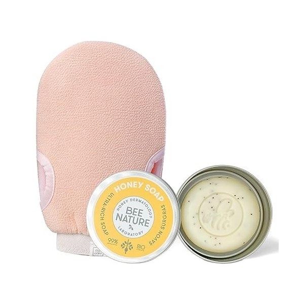 Bee Nature - Exfoliant Visage et Corps - Savon Bio avec Porte-Savon + Exfoliant Gant Rose - Poils Incarnés - YUKA 100/100 - 1