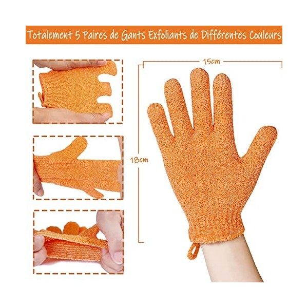 XOPOZON 5 Pairs Gants Exfoliants, Gant Double-Face de Douche Exfoliante pour le corps, Gants Gommage de Bain Couleurs Assorti