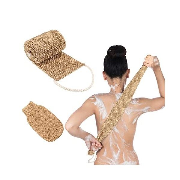 2PCS Sangle Lave Dos Eponge Exfoliante Dos Ceinture de Massage,avec Gant Exfoliant Chanvre Naturelle,pour Corps en Femme Et H