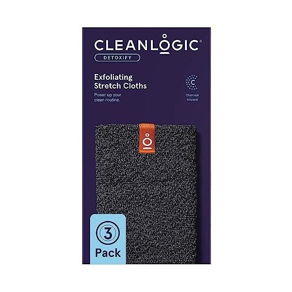 Cleanlogic Detoxify Charcoal Infused Exfoliating Stretch Cloths, Removes Dry, Damaged & Rough Skin, Vegan-Friendly- Pack of 3