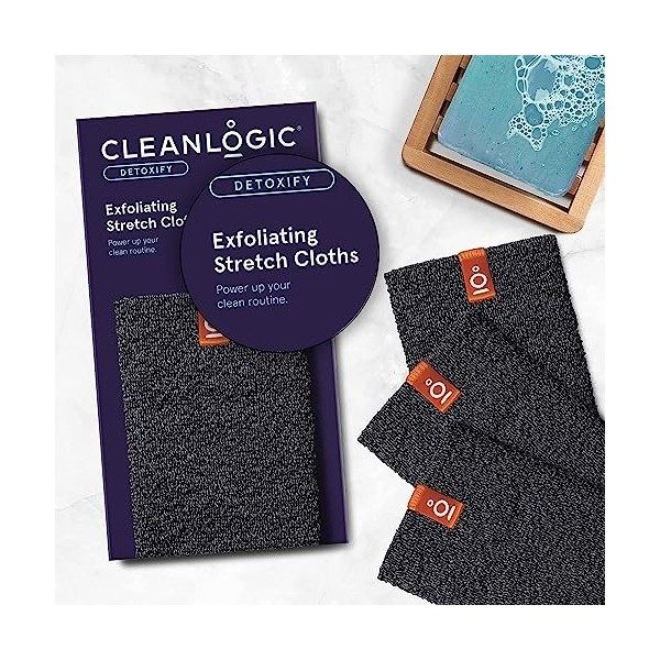 Cleanlogic Detoxify Charcoal Infused Exfoliating Stretch Cloths, Removes Dry, Damaged & Rough Skin, Vegan-Friendly- Pack of 3