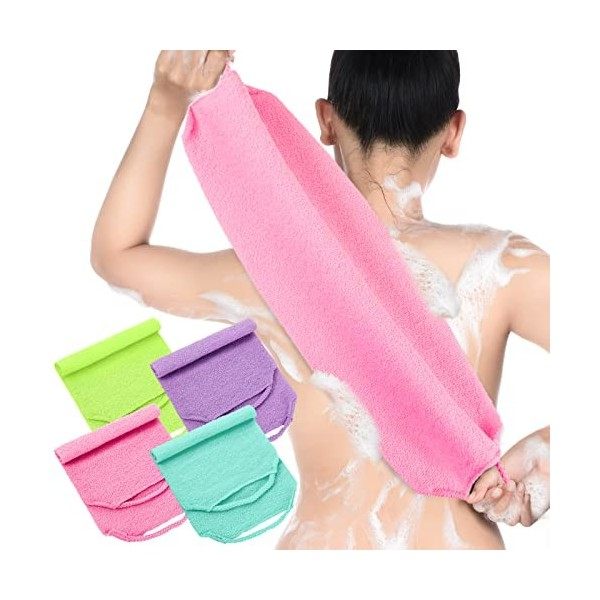 Lot de 4 gommages exfoliants pour le dos avec poignées en nylon - Longueur étendue - Sangle de traction extensible - Gant de 