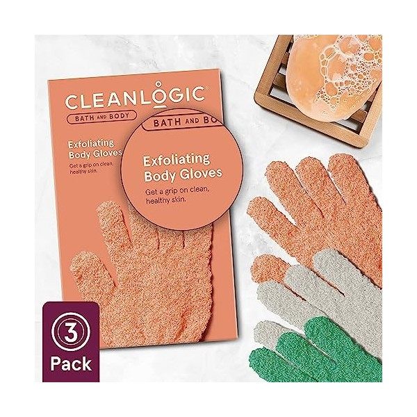 Cleanlogic Bath & Body Exfoliating Stretch Body Gloves, Assorted Colors, Removes Dry & Damaged Skin, Vegan-Friendly - Pack of