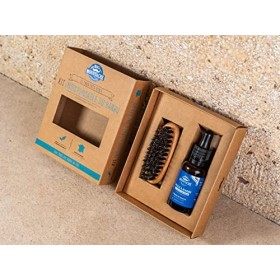 Kit Indispensable pour Barbe de Big Moustache - Coffret Cadeau Homme - Huile à barbe 98% naturelle, Brosse à barbe - Fabriqué