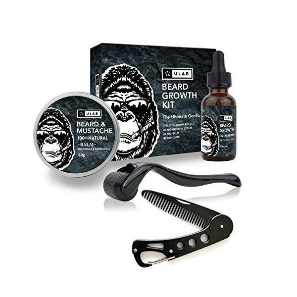 uLab Ultimate Gorilla Barbe Growth Kit avec rouleau Derma, huile de barbe, baume à barbe et peigne pliable – Coffret cadeau p