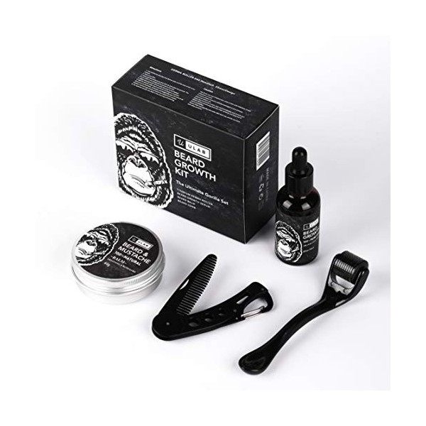 uLab Ultimate Gorilla Barbe Growth Kit avec rouleau Derma, huile de barbe, baume à barbe et peigne pliable – Coffret cadeau p