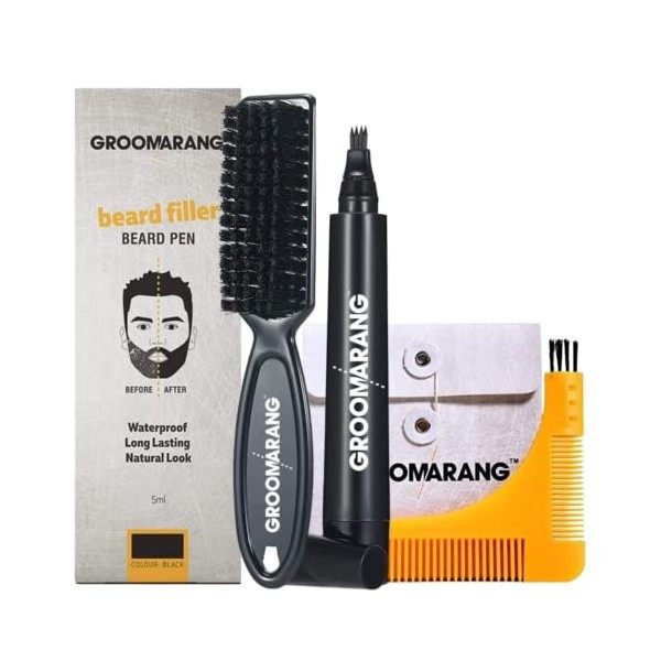 Groomarang® Stylo à barbe pour homme – Améliorateur naturel pour remplir, façonner et définir – Noir ou marron plus peigne sc