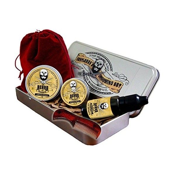 Kit barbe pour homme avec huile de barbe traditionnelle, cire de moustache, baume anti barbe et mini peigne, emballé dans une