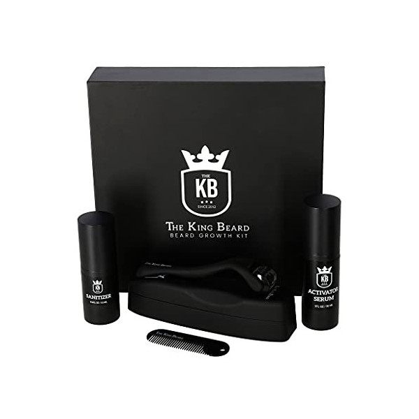 THE KING BEARD kit croissance de barbe, 4 pièces avec Sérum activateur, Rouleau à barbe, Désinfectant, Peigne de voyage