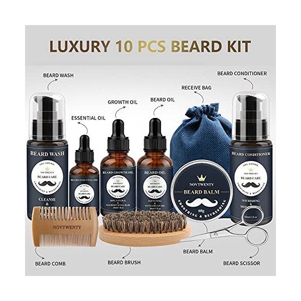 NOVTWENTY Kit de soin de barbe pour homme 10 pièces avec lavage à barbe, huile à barbe, après-shampoing, brosse, peigne, cise