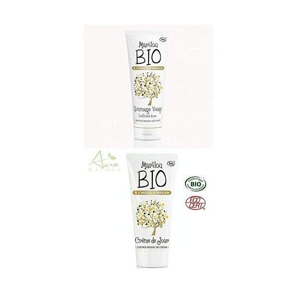 Duo Produit de beauté MARILOU BIO - Gamme Argan - Gommage pour le visage à lhuile dArgan - Crème de jour Gommage / Exfoliants