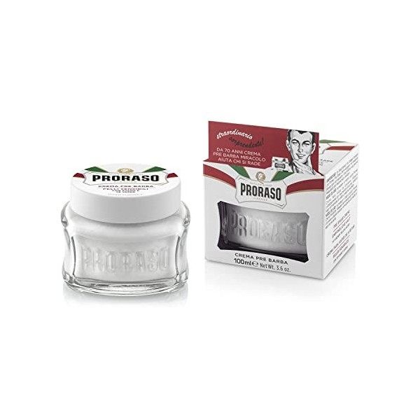 Proraso Crème avant-rasage, 100 ml, Crème de pré-rasage pour peaux sensibles, Adoucit la peau avec extraits davoine et thé v