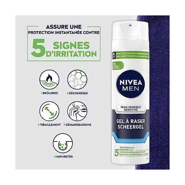 NIVEA MEN Peau Sensible Gel à Raser 1 x 200 ml , crème de rasage enrichie en camomille et en hamamélis, soin rasage 0% alcoo