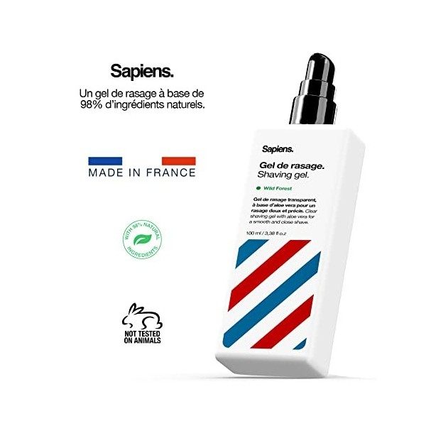 Gel à Raser Homme Transparent 100ml Sapiens Barber Shop - Fabriqué en France - Gel de Rasage Barbe 97% Naturel - À l’Aloe Ver