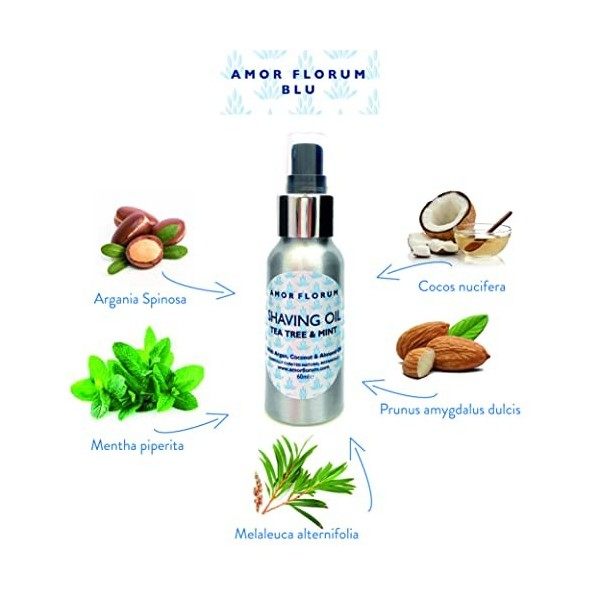 100% Naturel - HUILE DE RASAGE - MENTHE & ARBRE DU THE - 60ml - par AMOR FLORUM BLU. Pour un Rasage Confortable, Laisse votre