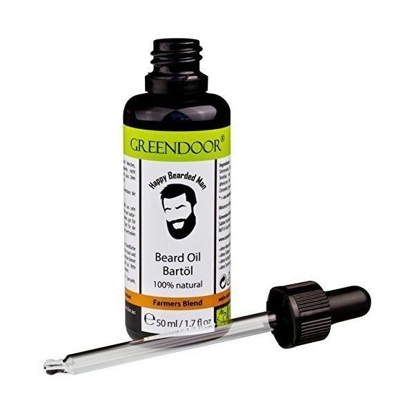 100% BIO - Greendoor - Huile de soin spéciale BARBE - garanti sans conservateurs - flacon en verre noir de 50 ml avec pipette