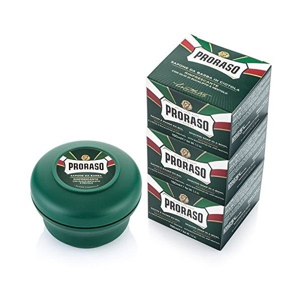 Proraso Lot de 3 savons à barbe en bol, 3 x 150 ml, Soin visage homme rafraîchissant, Savon de rasage à leucalyptus et au me