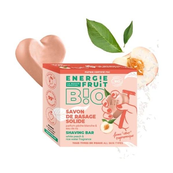 ENERGIE FRUIT | Savon de Rasage Solide | Certifié BIO par Ecocert | Parfum Pêche Blanche