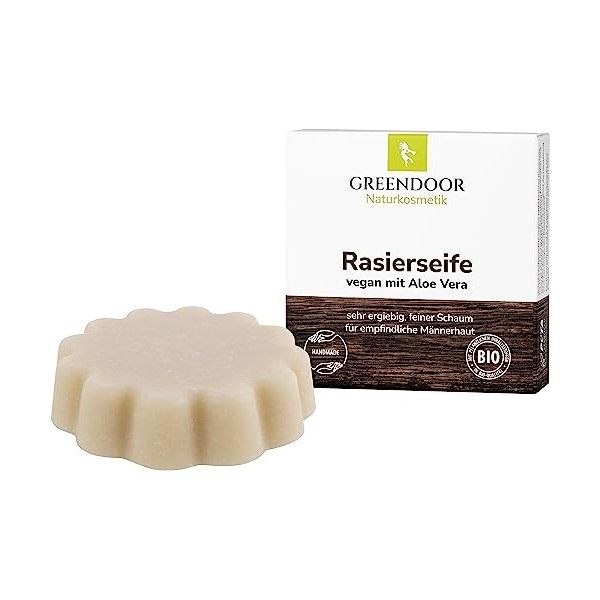 Greendoor savon de rasage végétalien Aloe Vera 80g, mousse crémeuse pour le rasage végétalien soigné de la barbe, du corps, d