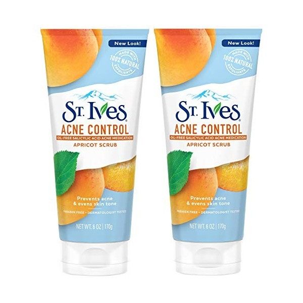 ST. Ives - Lot de 2 gommages à labricot contre lacné, minimise les pores, prévient lacné et les imperfections, avec acide 