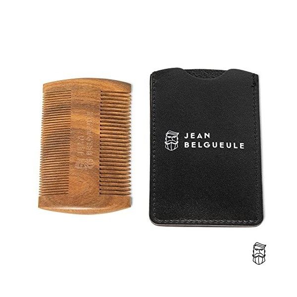 Peigne à Barbe, Moustache, Cheveux JEAN BELGUEULE - Peigne en Bois de Santal Vert Naturel Design, deux tailles de dents, Etui