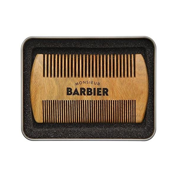 Peigne à Barbe et Cheveux 2-en-1 pour homme de Monsieur BARBIER | En bois de Santal brut 100% naturel | Dans sa boîte en méta