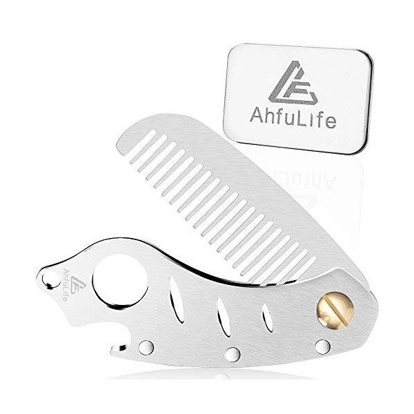 AhfuLife Peigne à cheveux et barbe en acier inoxydable, multifonctionnel et pliable, avec décapsuleur, tient dans un porte-cl